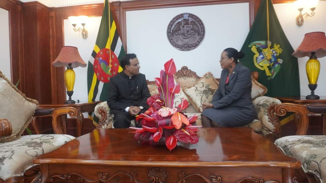 High Commissioner Dr. Pradeep Rajpurohit presented his Letters of Credence from the Hon. President of India to Her Excellency Sylvanie Burton, President of the Commonwealth of Dominica for his appointment as the HC of India to the Commonwealth of Dominica in a ceremony held at the Office of the President on August 12, 2024.